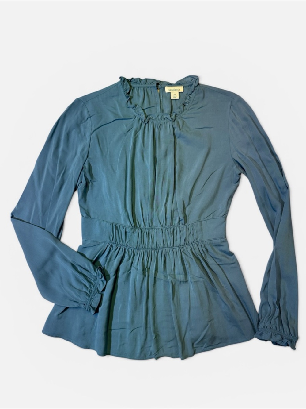 Sundance womens XS blue solid 100% rayon ruffled top EUC